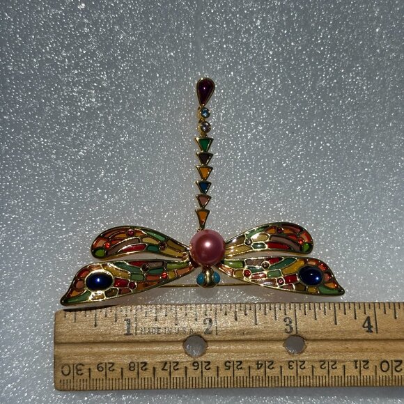 Elegant Joan Rivers Plique aJour Dragonfly Collectors Brooch 3" - Picture 6 of 6